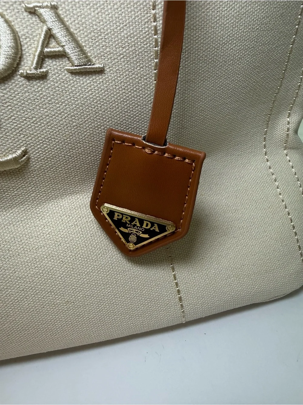 Designer Inspired Cream Canvas Tote with Tan Leather Trim